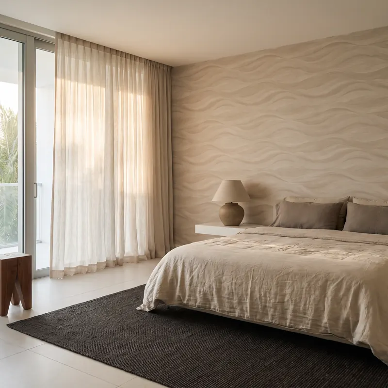 Bedroom with sand-colored textured wave wallpaper behind the bed