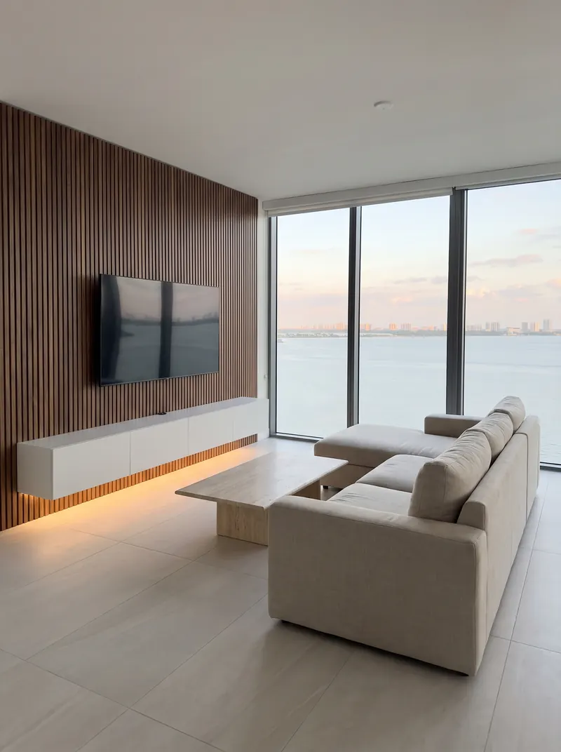 High-rise living room with a walnut-finish TV wall and a view of Biscayne Bay